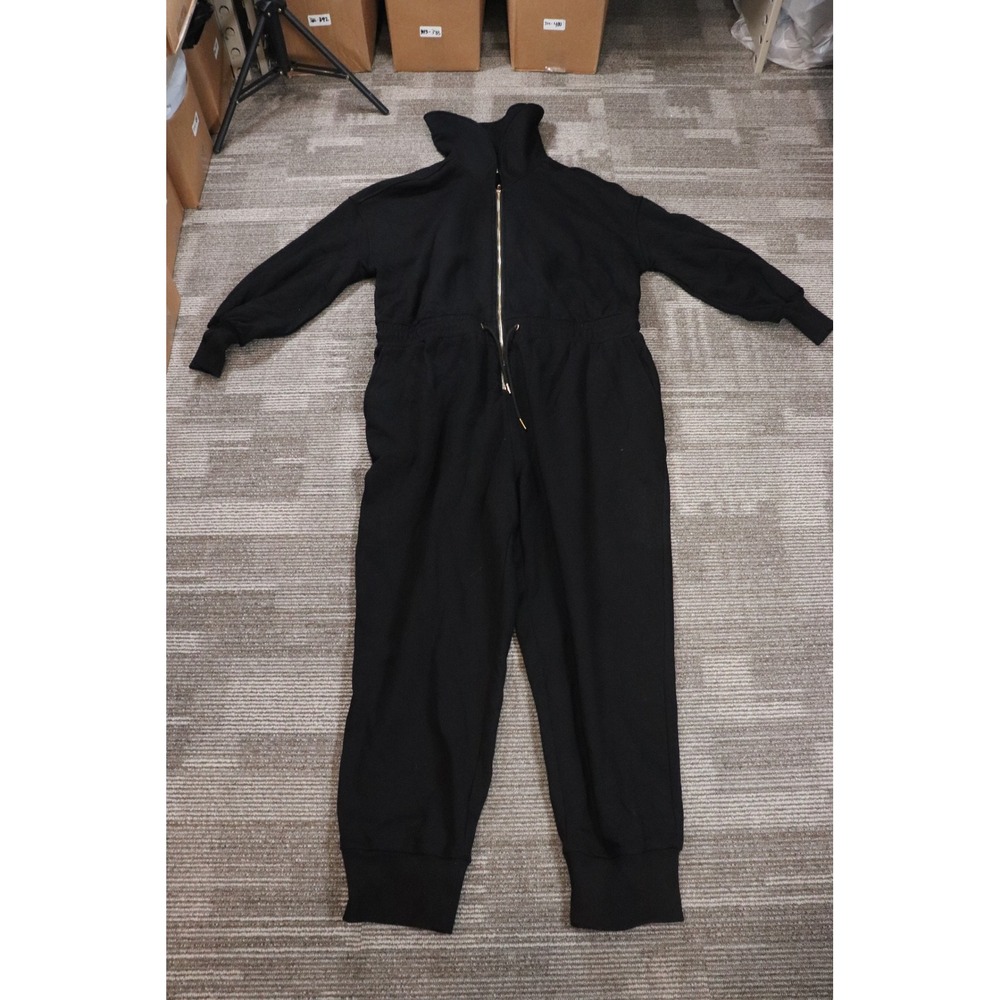 Varsity Black Long Sleeve Zip Front Funnel Neck Jumpsuit Drawstring Waist Womens